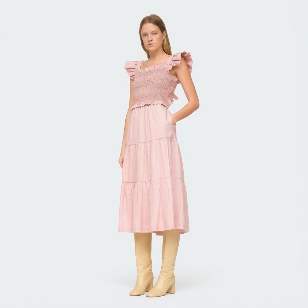 Sea New York Simona Smocked Dress Blossom Pink Ruffle Midi Cotton Size 6